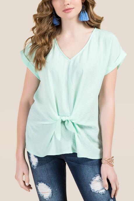 Francesca's Audrey Tie Front Short Sleeve Top - Mint