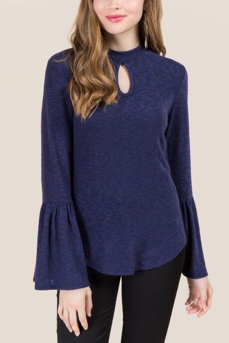 Francesca's Candace Keyhole Bell Sleeve Top - Navy
