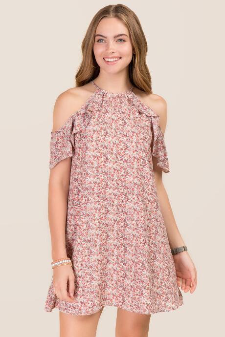 Blue Rain Lilith Floral Cold Shoulder Ruffle Dress - Marigold