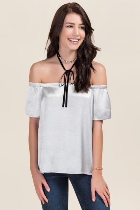 Mi Ami Eve Hammered Silk Off The Shoulder Top - Crisp Champagne