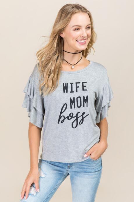 Timing Wife Mom Boss Ruffle Layer Sleeve Graphic Tee - Heather Gray