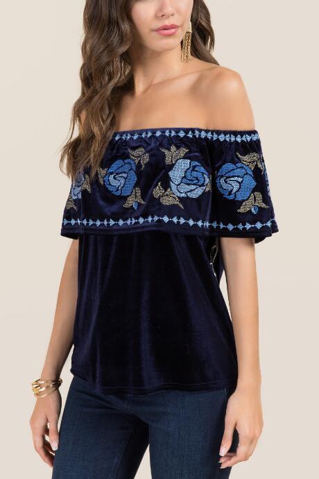 Francesca's Lynette Off The Shoulder Floral Embroidered Top - Navy