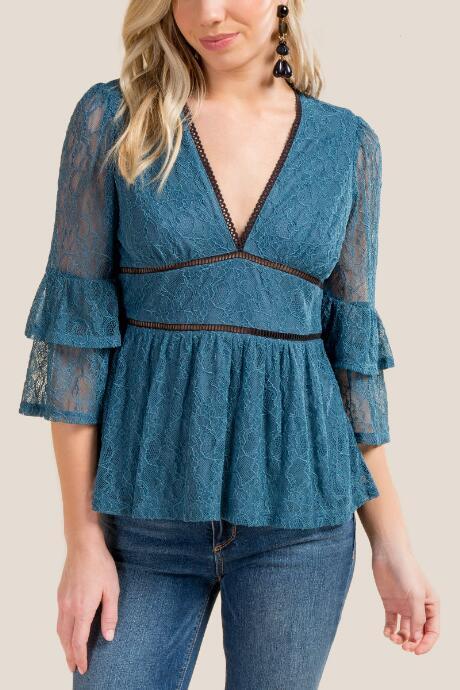 Francesca's Kyra Lace Peplum Top - Dark Teal