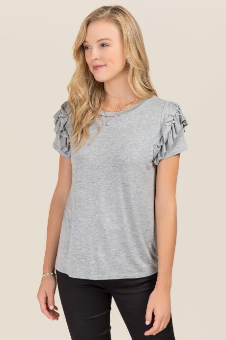 Jainsons International Jules Pearl Embellished Ruffle Short Sleeve Tee - Heather Gray