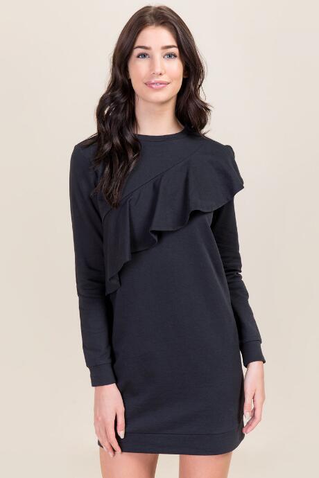 Love Fire Belle Diagonal Ruffle Sweatshirt Dress - Black