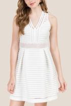 Francesca Inchess Cami V-neck Stripe Lace Illusion Waist Dress - White