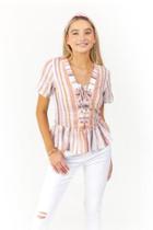 Francesca's Sia Striped Lace Up Blouse - Ivory