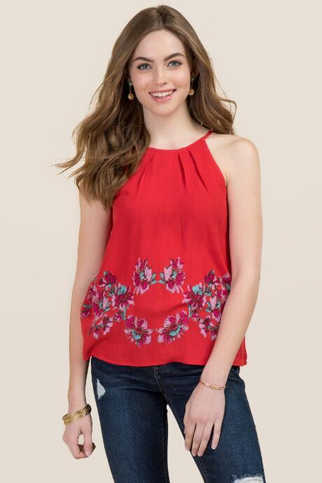 Blue Rain Natasha Floral Border High Neck Tank - Red