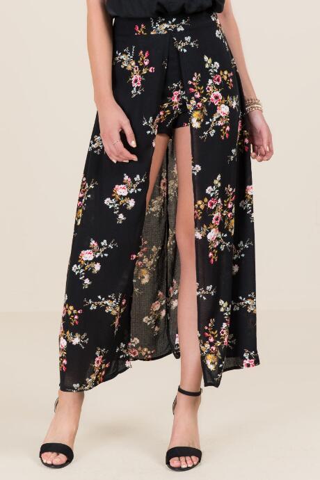 Francesca's Arella Floral Walk Thru Maxi Skirt - Black