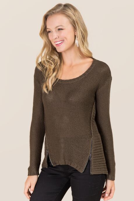 Rd International Camden Crew Neck Ribbed Zip Sweater - Olive