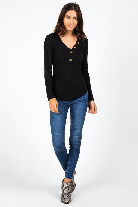 Francesca's Anette Asymmetrical Button Top - Black