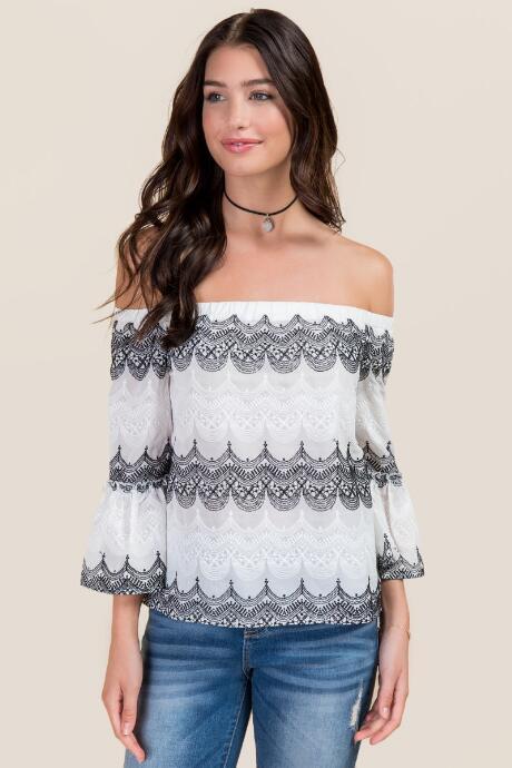 Francesca Inchess Harley Off The Shoulder Embroidered Top - Black/white