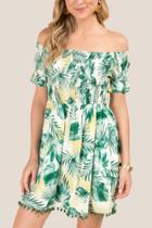 Francesca's Destinee Smocked Tropical Pom Trim Shift Dress - Jade
