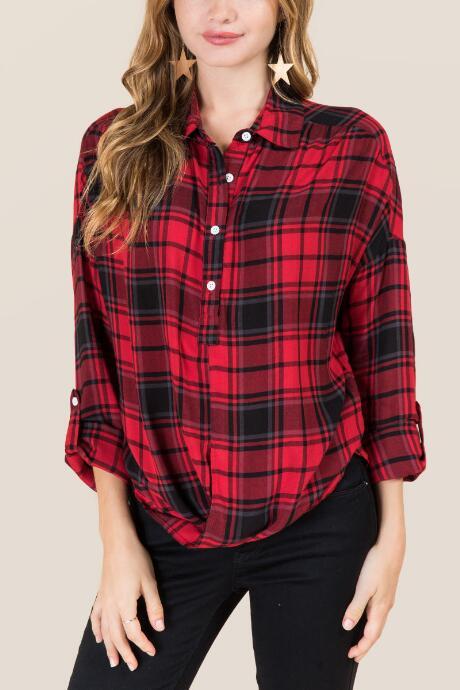 Francesca's Ora Surplus Plaid Button Down - Red