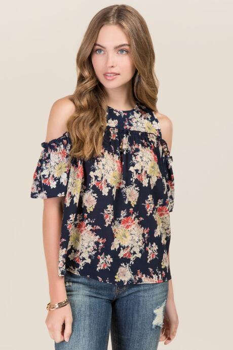 Blue Rain Celestia Cold Shoulder Floral Top - Navy