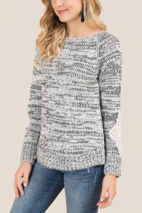Francesca's Sawyer Crochet Elbow Patch Sweater - Black/white