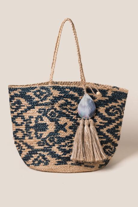 Francesca's Amelia Jute Printed Bag With Tassel - Blue