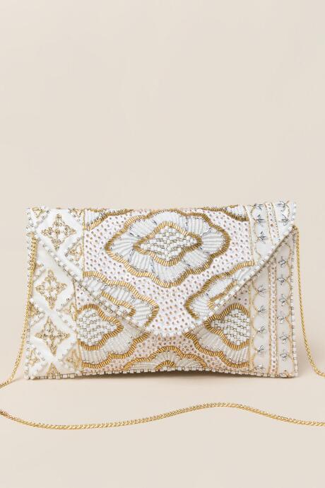 Francescas Verena Floral Beaded Clutch - White