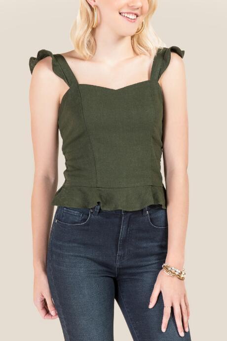 Francesca's Ryleigh Ruffle Smocked Back Linen Top - Olive