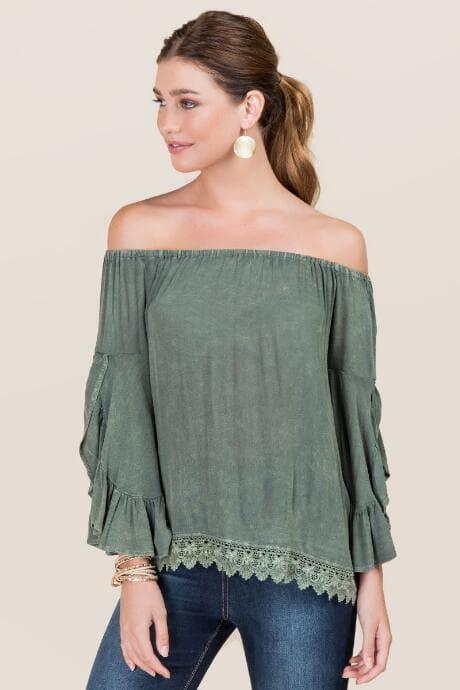 Blue Rain Ryanne Off The Shoulder Crochet Hem Top - Dark Olive