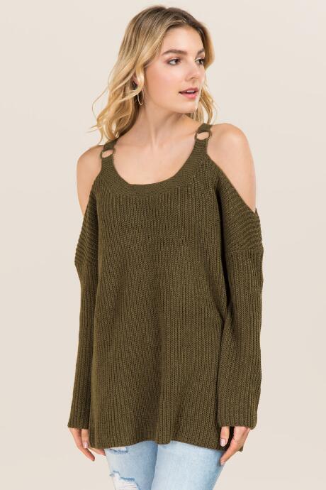 Blue Rain Ashlie Ring Cold Shoulder Pullover Sweater - Forest Green