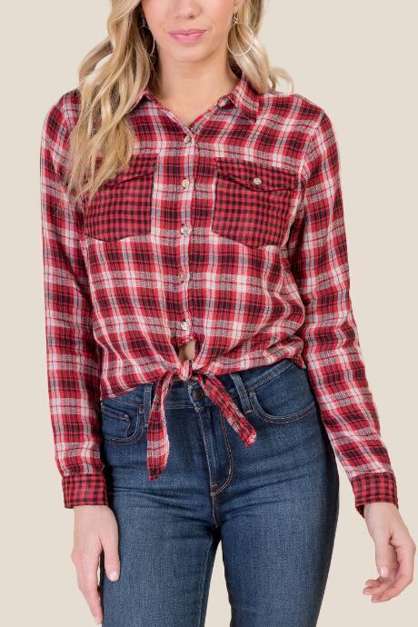 Francesca's Tessa Double Pocket Button Down Top - Red