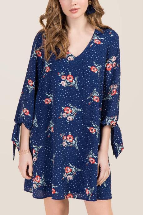 Francesca's Autumn Tie Sleeve Floral Dot Shift Dress - Navy