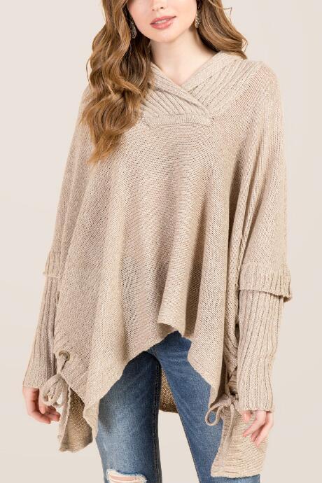 Francescas Bethany Side Lace Poncho - Heather Oat