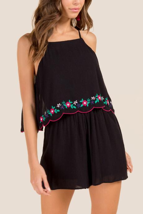 Francesca Inchess Norah Embroidered Scallop Pop Romper - Black