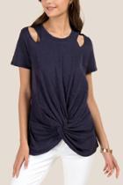 Francesca Inchess Kyrie Slub Knit Cut Out Twist Blouse - Navy