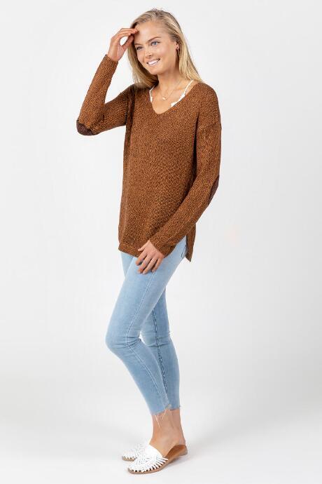 Francesca's Faye Elbow Patch Sweater - Brown