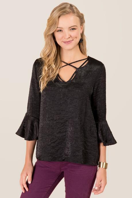 Francesca's Jada Bamboo Bell Sleeve Top - Black