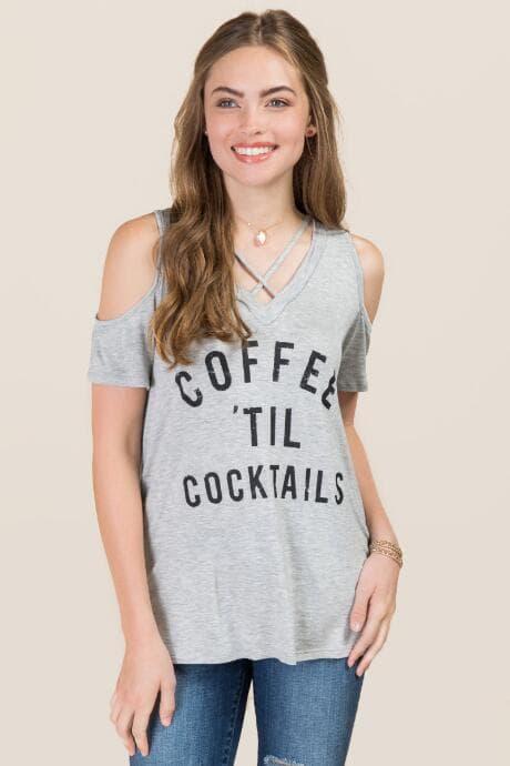 Alya Coffee 'til Cocktails Cold Shoulder Graphic Tee - Heather Gray