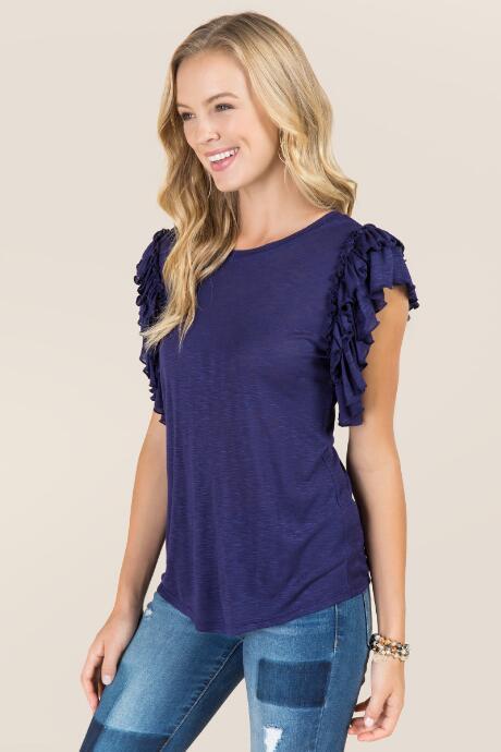 Alya Keely Ruffle Sleeve Knit Tee - Navy