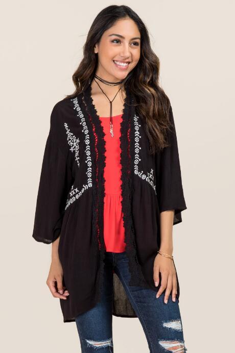 Blue Rain Colleen Embroidered Kimono - Black