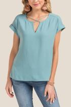 Francesca's Rae Short Sleeve Lattice Neck Cuff Sleeve Top - Teal