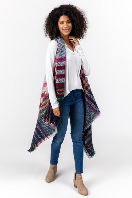 Francesca's Dawn Plaid Striped Poncho - Navy