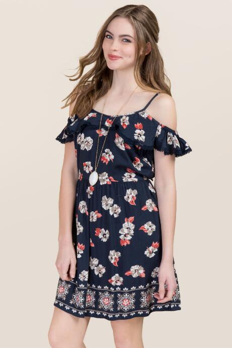 Francesca's Aria Floral Cold Shoulder Dress - Navy