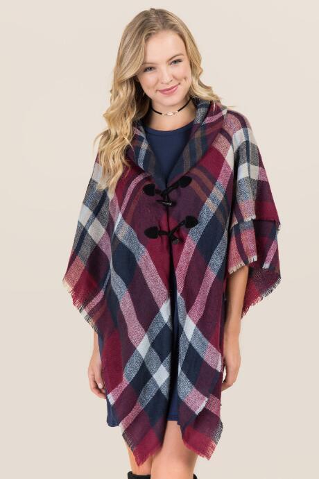 Francesca's Kaja Toggled Plaid Ruana - Burgundy