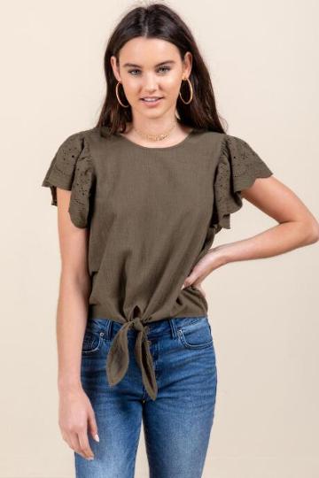Francesca's Evie Tie Front Blouse - Deep Moss