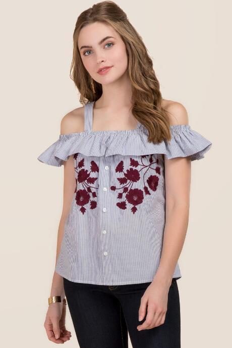 Blue Rain Beatrix Striped Cold Shoulder Button Down - Navy