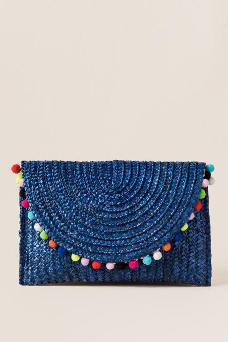 Francesca's Rainbow Pom Pom Straw Clutch In Blue - Blue