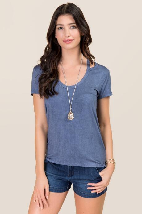 Aya Georgie Mineral Wash Open Neck Tee - Indigo