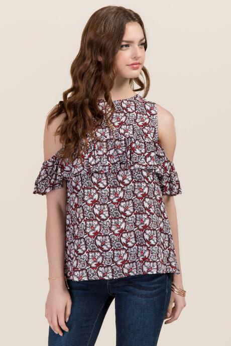 Blue Rain Cortney Cold Shoulder Floral Ruffle Top - Red