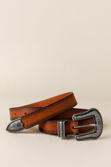 Francescas Bev Western Buckle Leather Belt In Cognac - Cognac