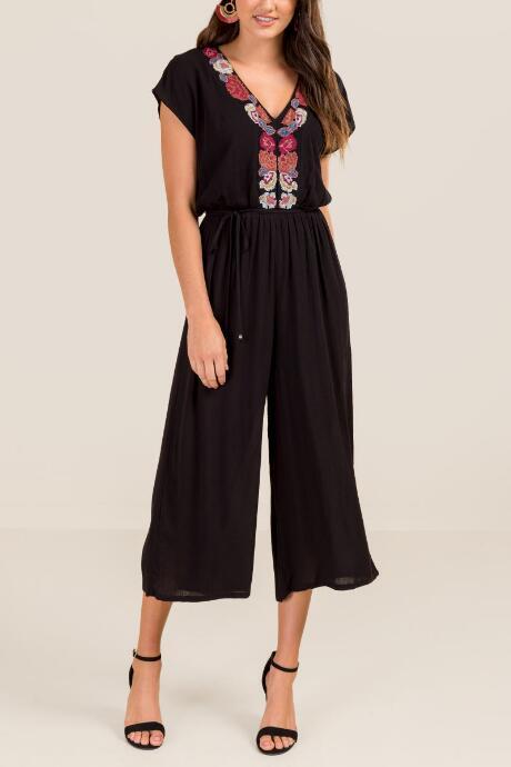 Francesca's Shayla Embroidered Jumpsuit - Black