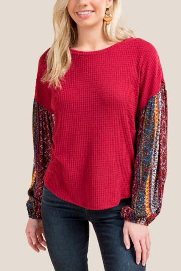 Francesca's Rozalynn Ornate Sleeve Top - Brick