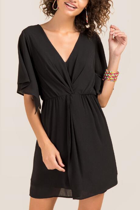 Francesca Inchess Cercei V-neck Kimono A-line Dress - Black