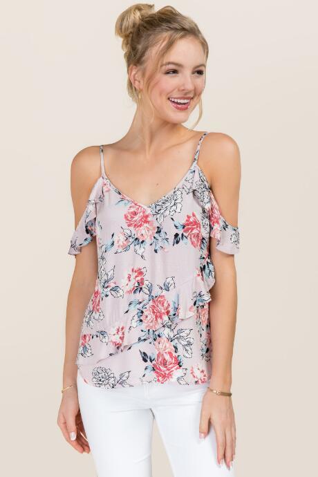 Blue Rain Alayah Ruffle Cold Shoulder Floral Top - Pink
