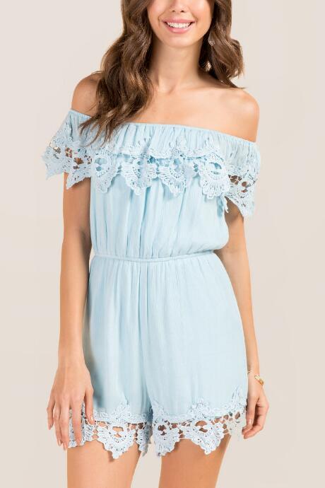 Francesca's Barbara Scoop Neck Crochet Trim Romper - Light Blue